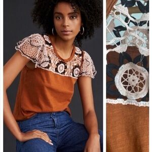 Anthropologie Rust Orange Pink Blue Lace Flutter Sleeve Top Shirt